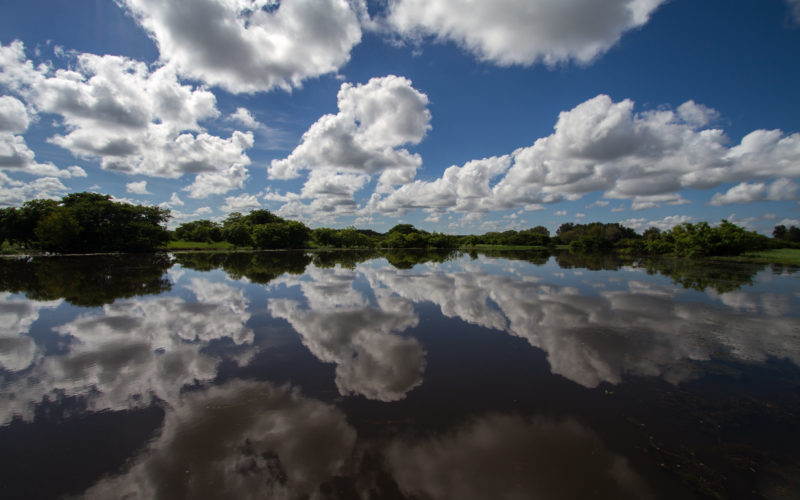 Kakadu wetland reflection photo with scattered clouds.