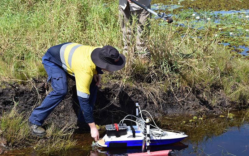 Miniature remotely piloted boat monitors water quality in northern Australia. Credit ERISS