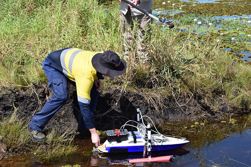 Miniature remotely piloted boat monitors water quality in northern Australia. Credit ERISS