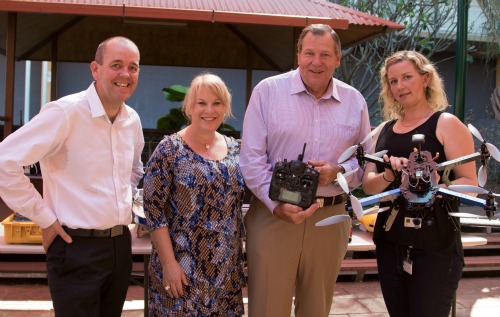 Hub leader Michael Douglas, Federal Member for Solomon Natasha Griggs, then Parliamentary Secretary to the Minister for the Environment Bob Baldwin and Krissy Breed from the Supervising Scientist with an octocopter