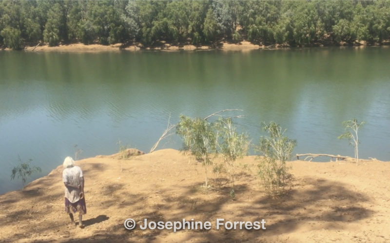 Elderly Aboriginal woman walks down towards the banks of the Martuwarra (Fitzroy River) on a sandy bank with more vegetation visible on the other side of approximately 50m of water.
