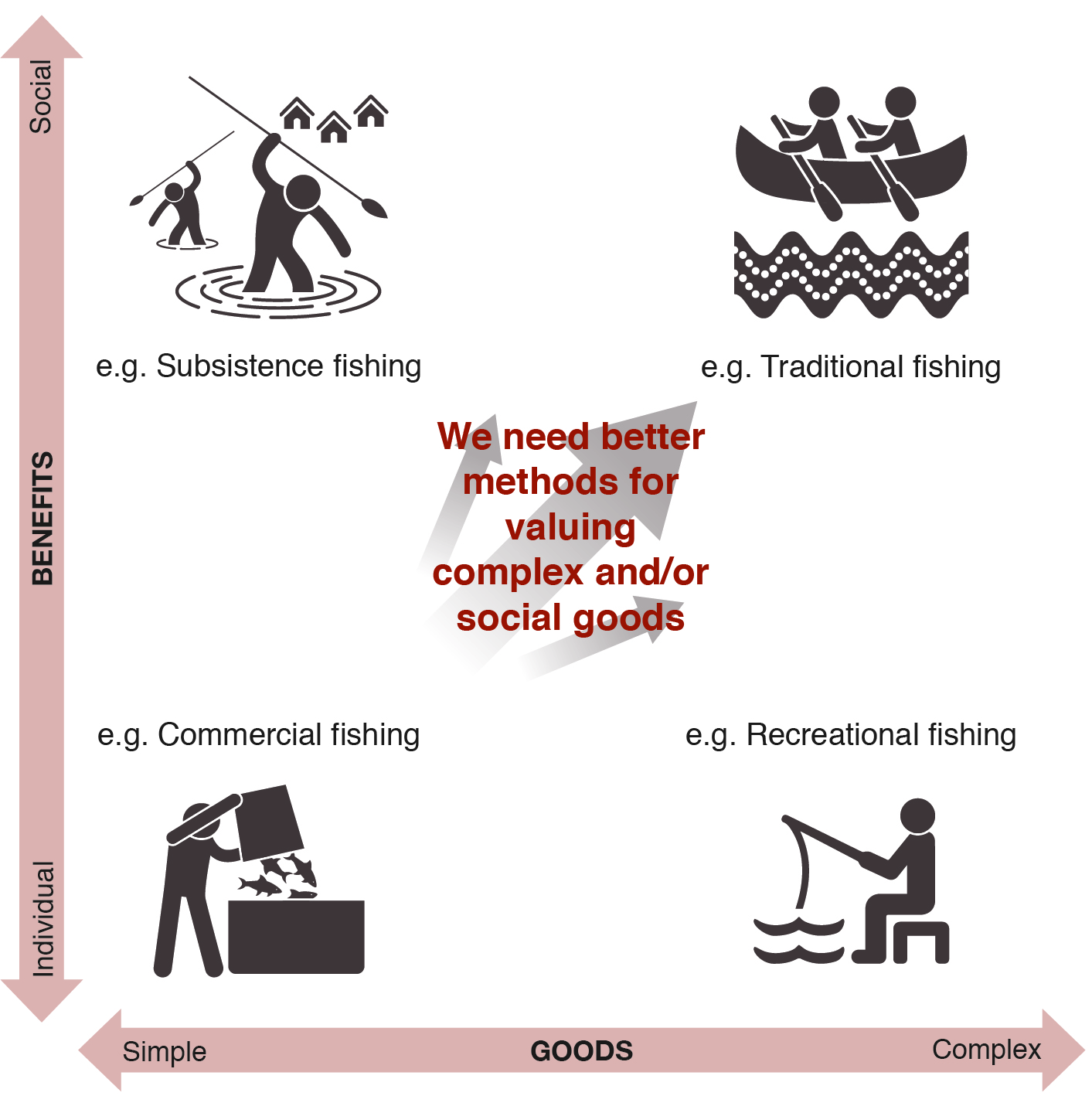 A complex diagram representing individiual and social benefits mapped against simple and complex goods using the example of fishing. 