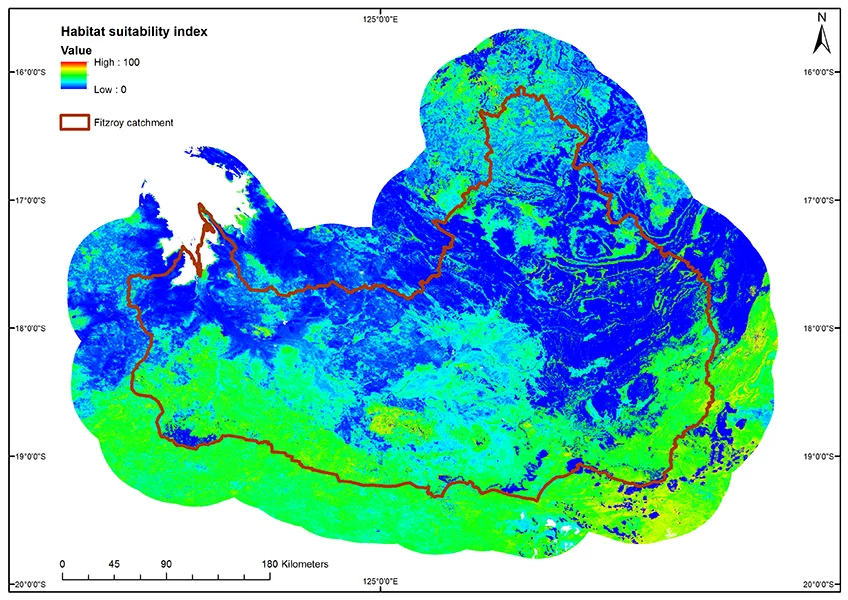 GIS image of suitable habitat in the Fitzroy River catchment.