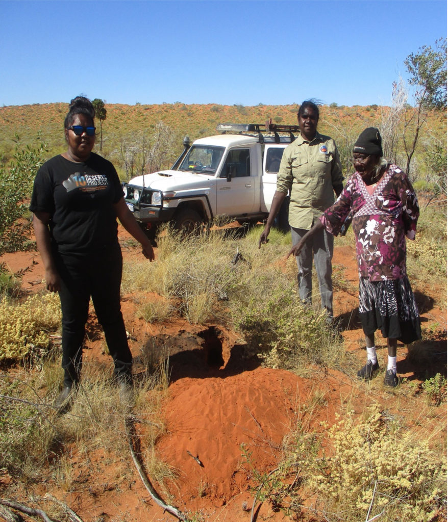 3 Ngurrara ladies point at a bilby burrow during occupancy surveys