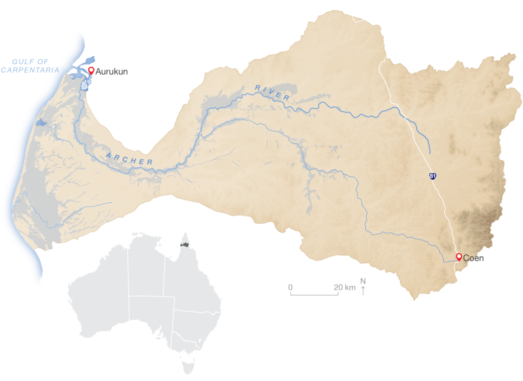 A colour map of the Archer River catchment in north Queensland.