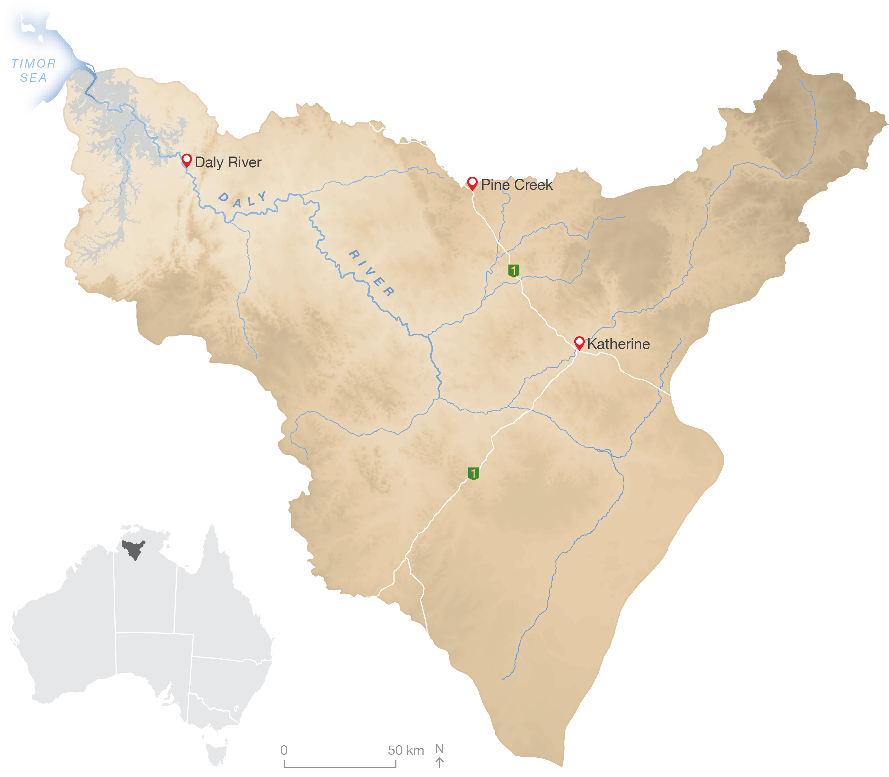 Map of the Daly River catchment and a smaller locator of the catchment within Australia in the bottom left.