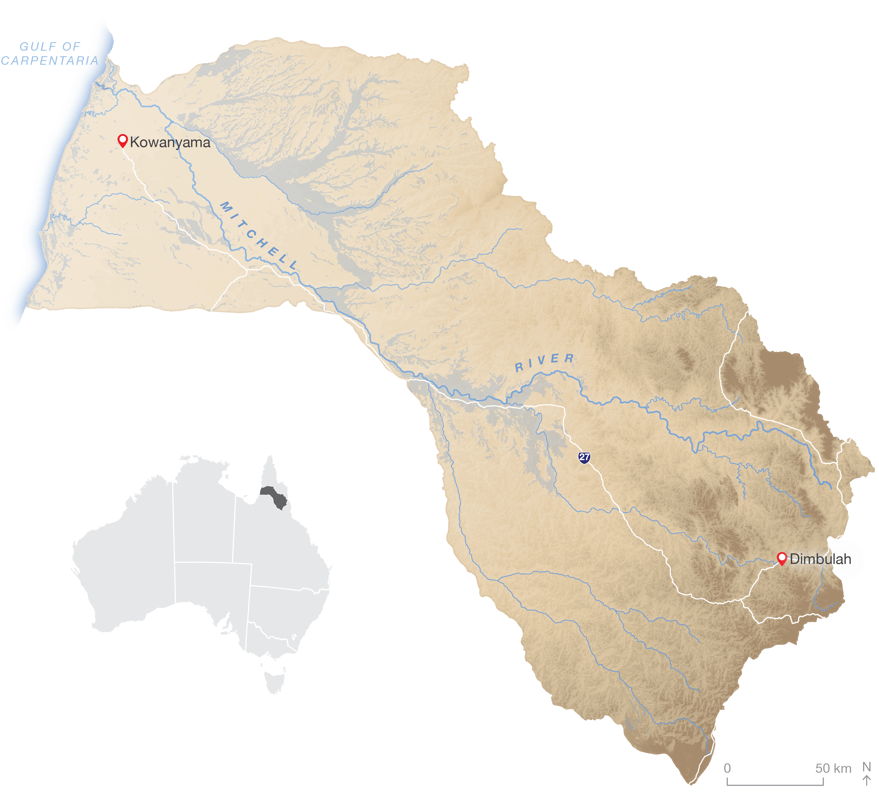 Mitchell River catchment map with a locator map within Aus in the bottom left corner. 