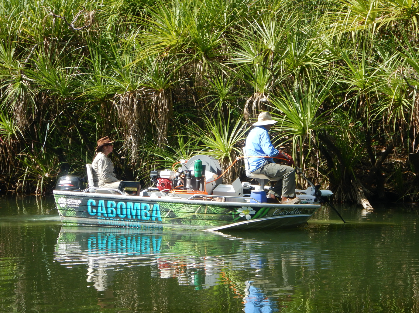 A photo of a cabomba eradication boat in a Northern Territory waterway.