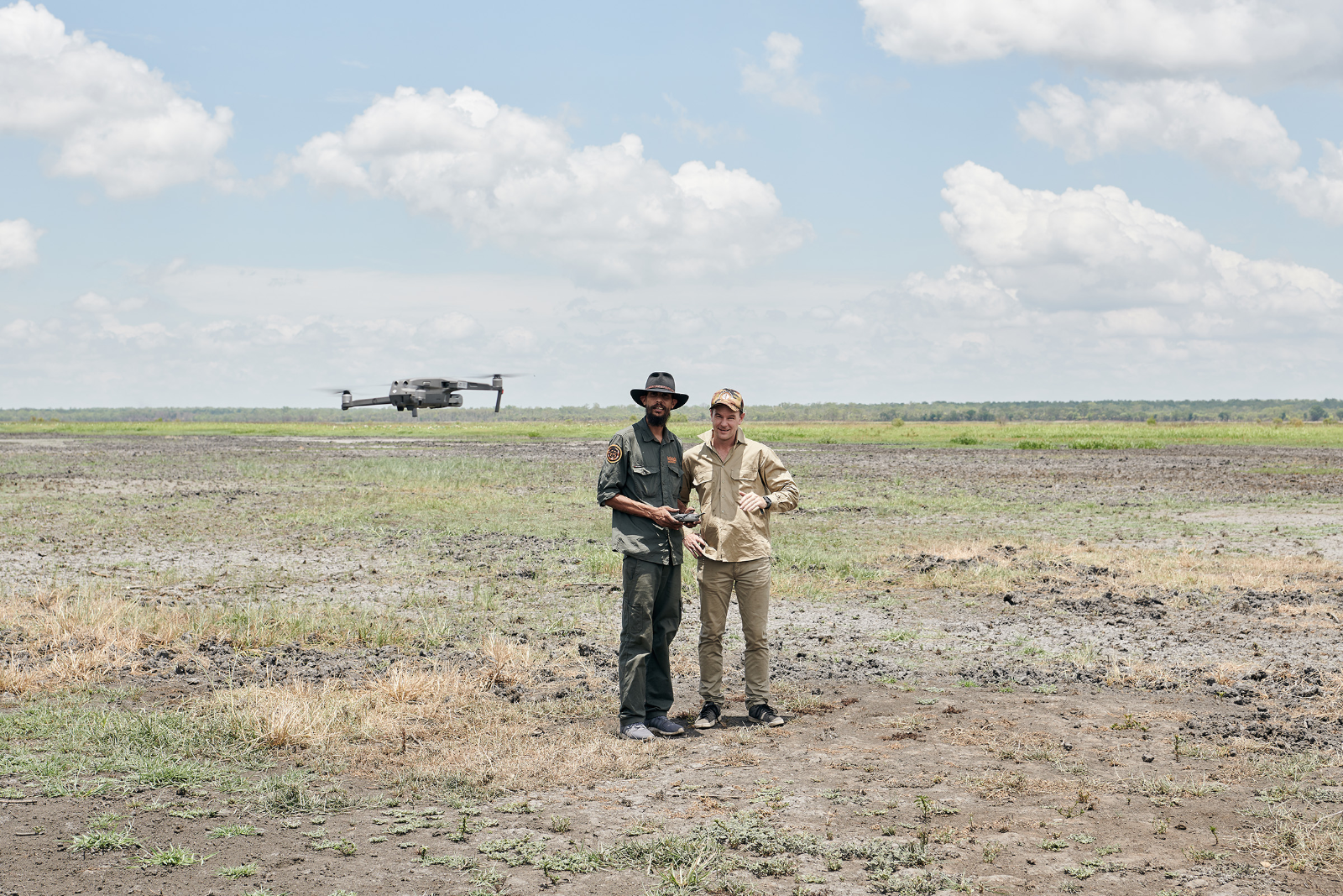 Ranger Kadeem May and researcher Justin Perry prepare to fly a drone over wetlands in Kakadu, photo Microsoft.