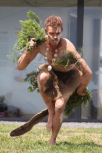 Tasmanian Aboriginal dancer Jarrod Hughes dances at Mannalargenna Day, 2019.
