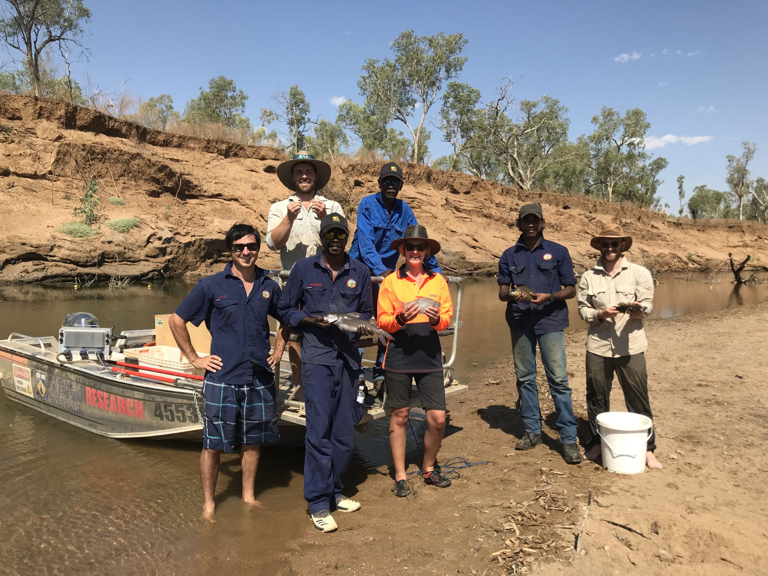 A photo of Gooniyandi rangers and UWA researchers conducting research into fish in the Fitzroy River (WA).