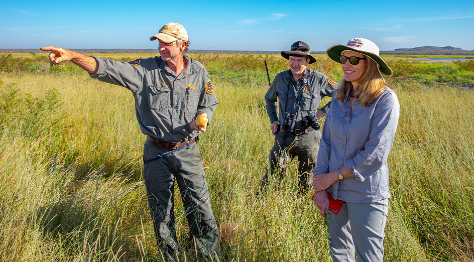 UWA Associate Professor Samantha Setterfield trialling wetland weed management solutions with Kakadu National Park rangers Mick Gorse and Feach Moyle