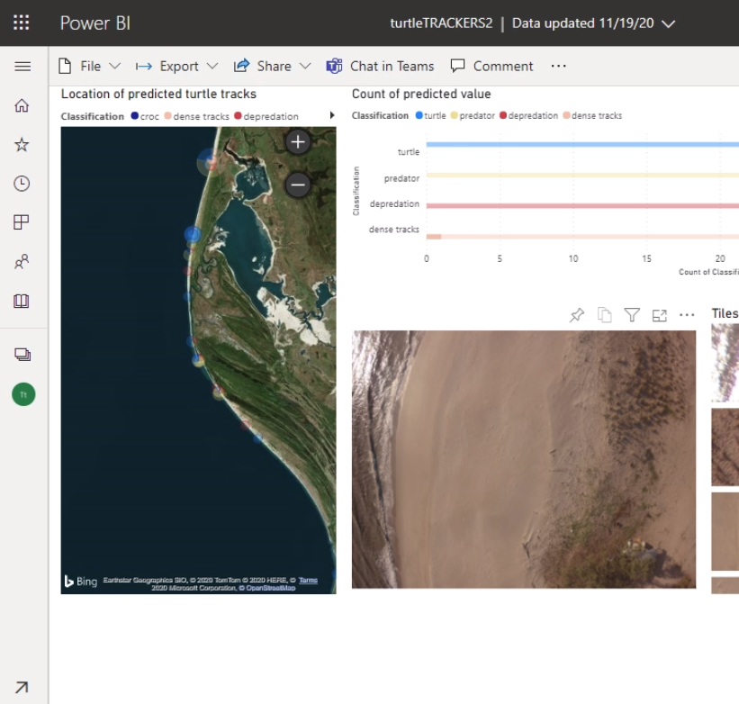 This screenshot of the Power BI dashboard from the project shows a section of coastline and the counts of turtle and predator tracks in the image.