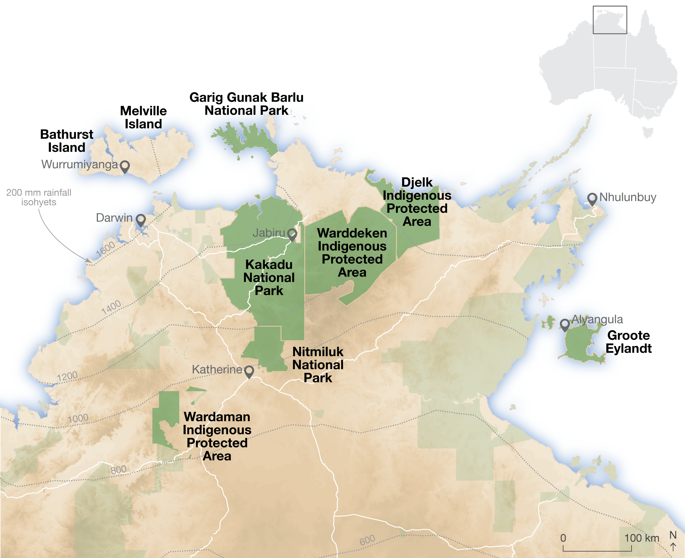 A map of the NT's Top End showing locations of national parks and Indigenous Protected Areas.