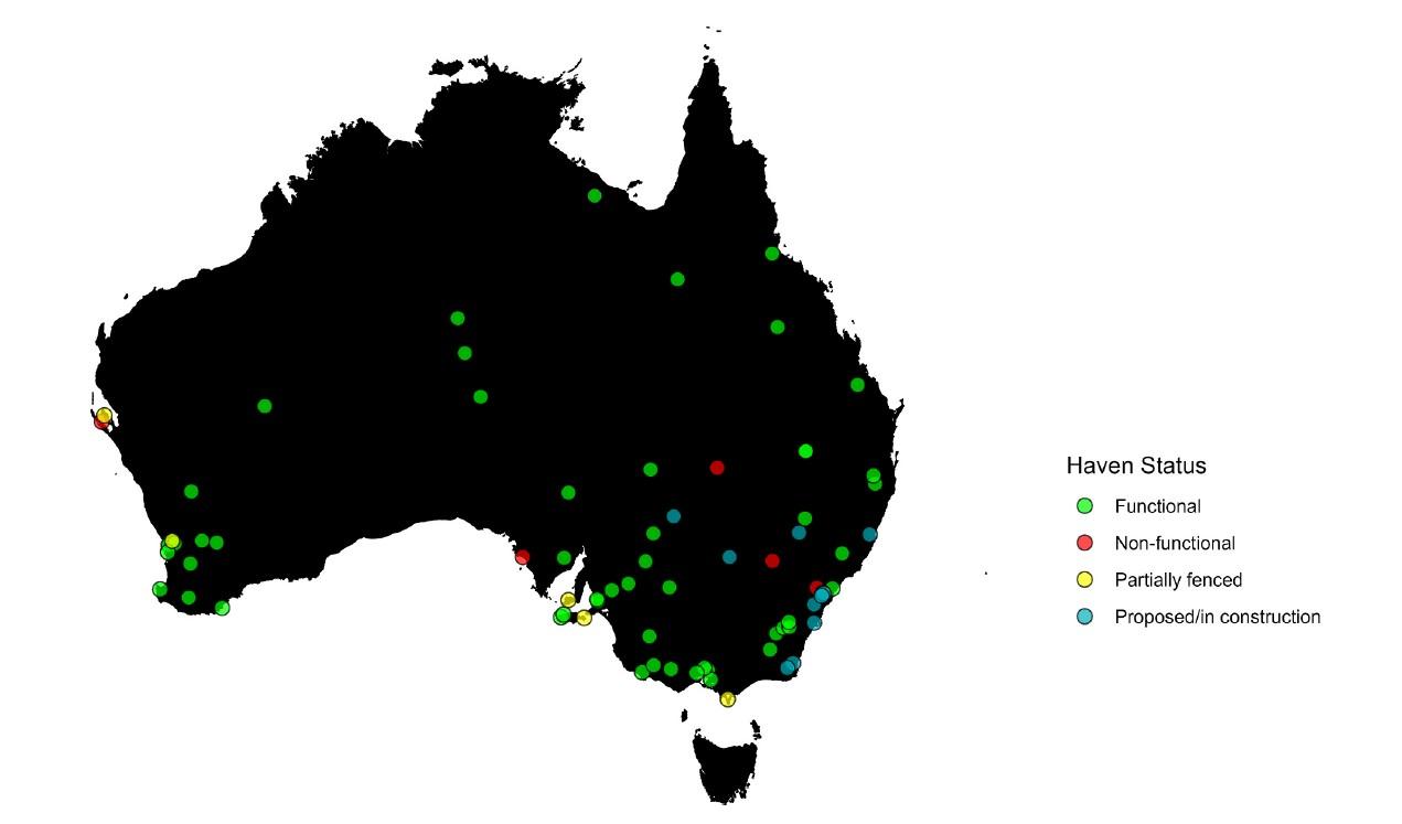 The project identified 74 mainland fenced safe havens across Australia, including functional, non-functional, partially fenced and proposed sites. Image Gould et al. 2026 Biological Conservation.