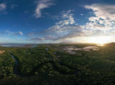Sunrise aerial image of the Bowling Green Bay ramsar site in north Queensland.