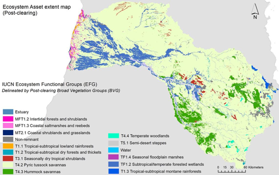 Map showing the extent of various ecosystems in the Mitchell River catchment in 2015