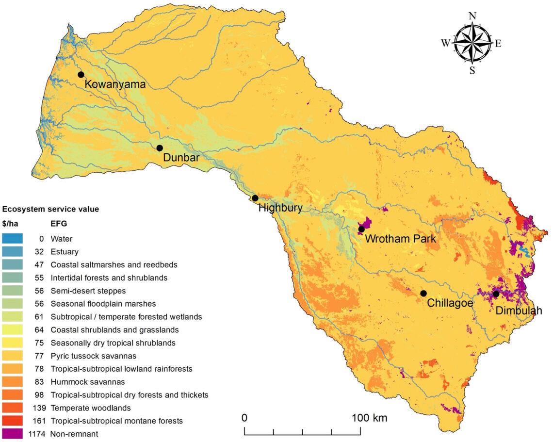 Map showing total monetary value per hectare ($/ha) of selected ecosystem services from ecosystem types in the Mitchell River catchment.