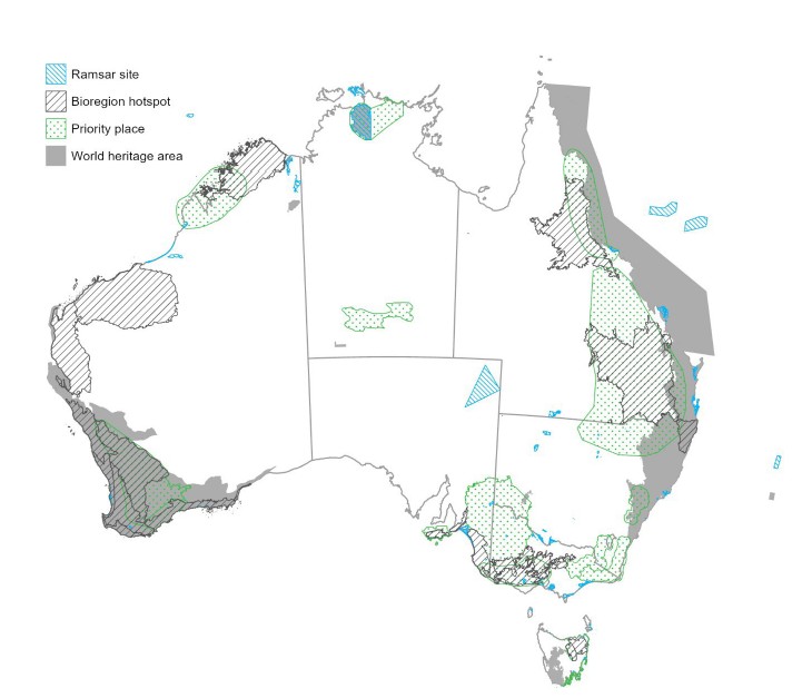 Australian areas important for biodiversity that are currently mapped using national and international methods.