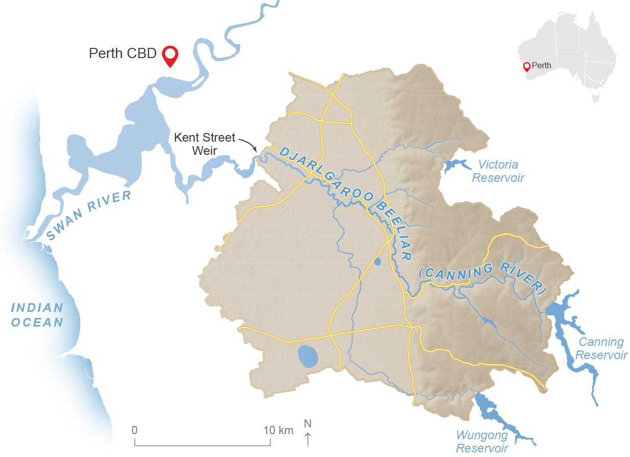 Map of the lower Canning River in Perth, Western Australia