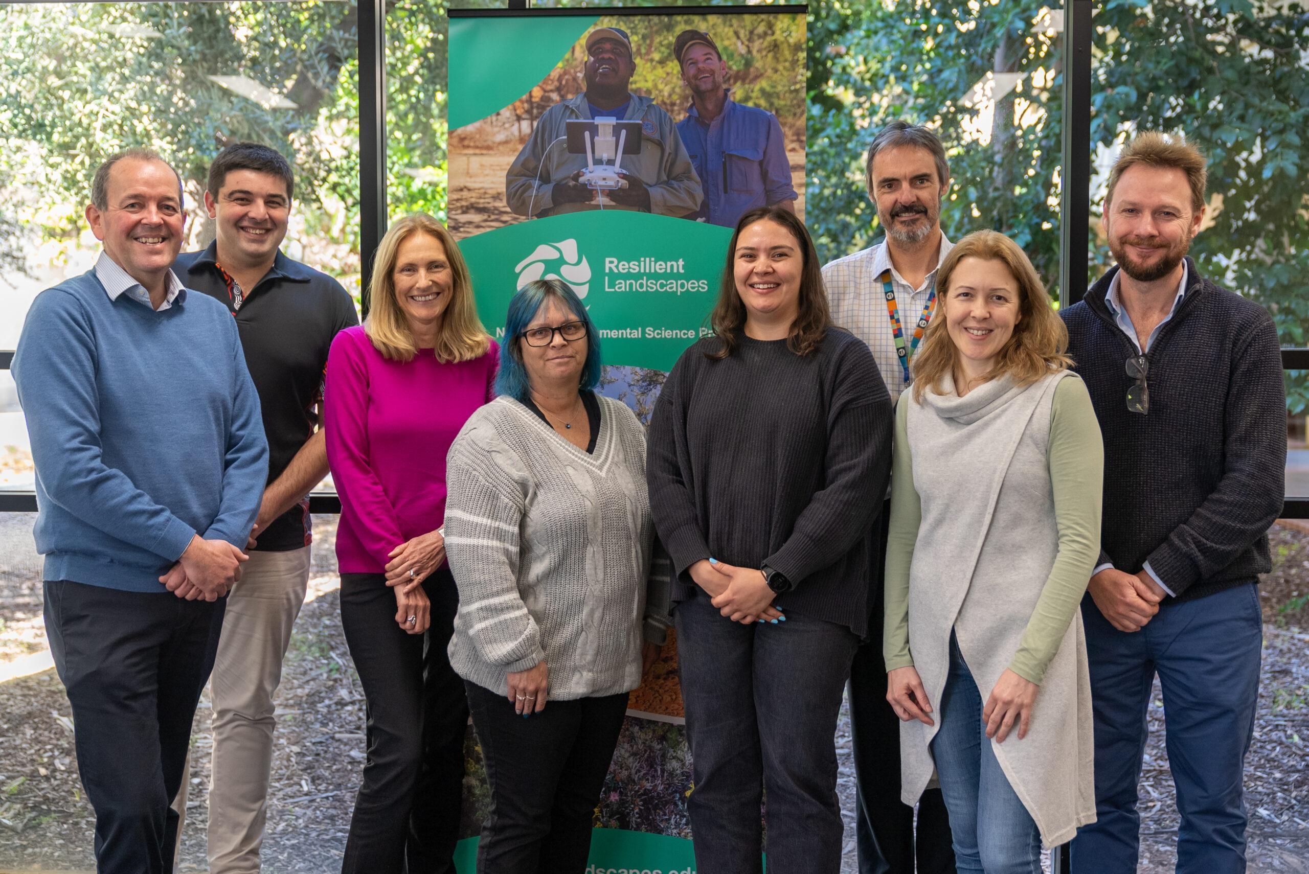 (Left to right) Professor Michael Douglas (NESP Resilient Landscapes Hub, Hub Leader), Oliver Tester (NESP Resilient Landscapes Hub, Indigenous Research Facilitator), Professor Samantha Setterfield (NESP Resilient Landscapes Hub, Western Node Leader), Shandell Cummings, Lenore Morris, Dr Brett Molony (Science Director, CSIRO ), Dr Laila Simpson (Associate Director of Research Operations, Office of Research, UWA), Associate Professor Matt Hipsey (UWA School of Agriculture and Environment). Photo: UWA Media.