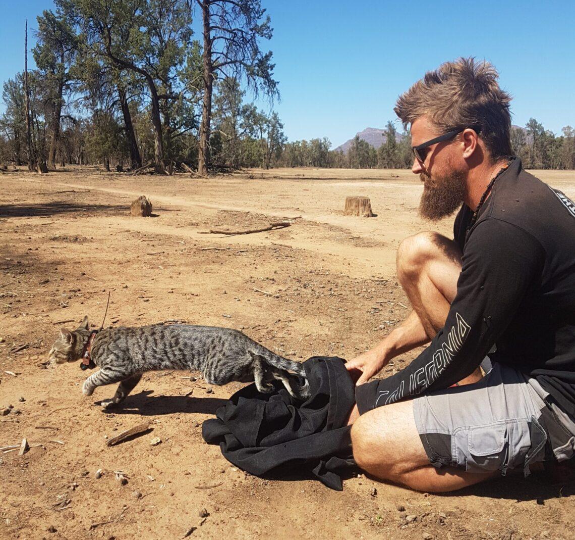 Postdoctoral researcher Dr Jeroen Jansen studying how rabbit warren removal affects cat and quoll movements and habitat connectivity. Photo Jiawei