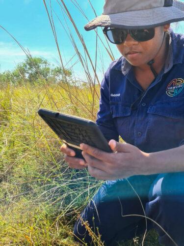 Nyamba Buru Yawuru Country Manager, Gaydar Lawford, recording wetland data on a FULCRUM app. Photo by Rebecca Dobbs
