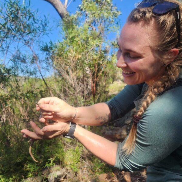 A scientists holds on to a lizard.