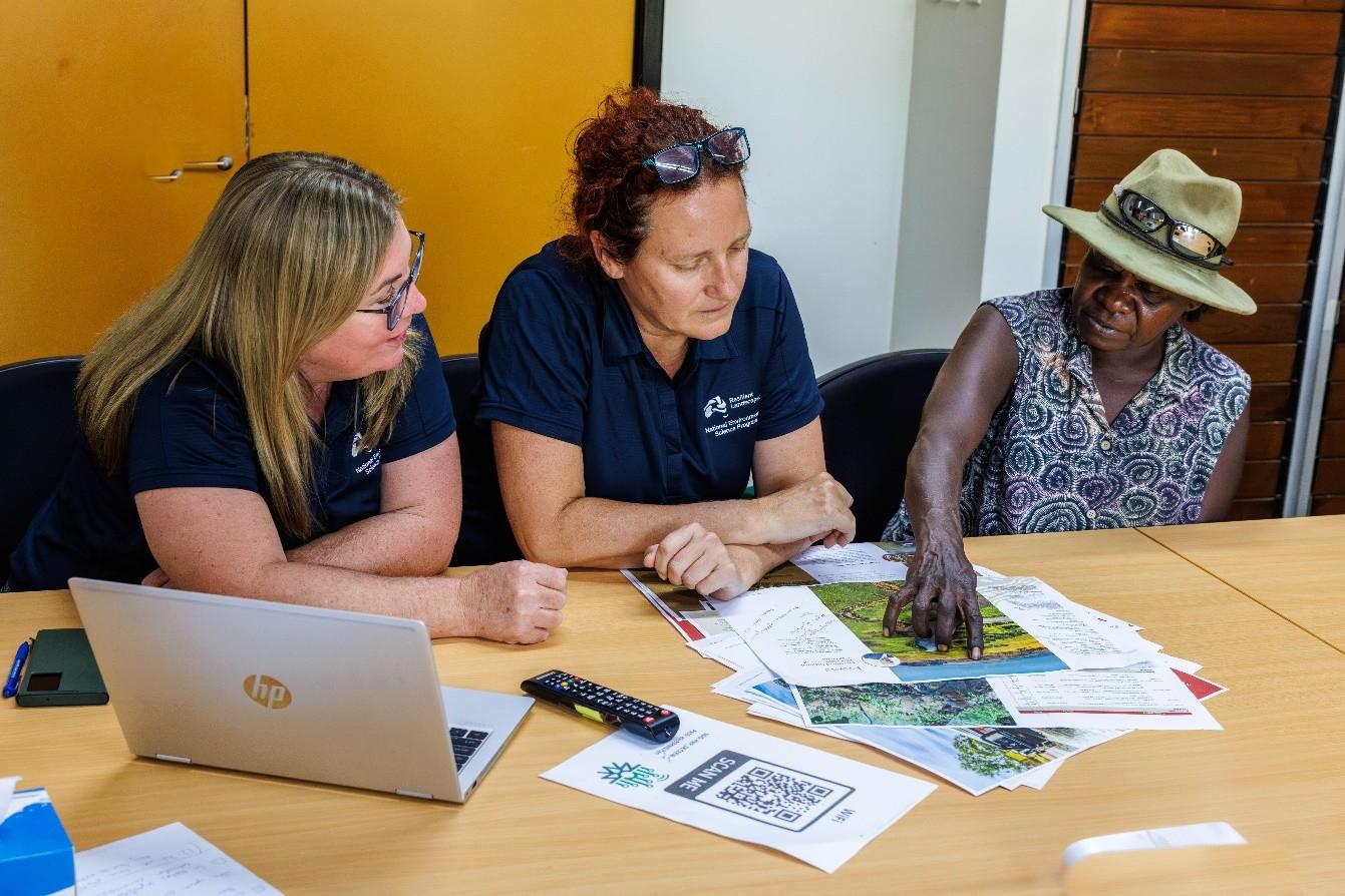 Natalie Rossiter-Rachor (Charles Darwin University, NESP Project leader), Rebecca Dobbs (The University of Western Australia, NESP Project leader) and Connie Nayinggul, (Kakadu Traditional Owner and NESP Project leader) working on a draft of the Kakadu Research Strategy. Photo courtesy: Michael Douglas.