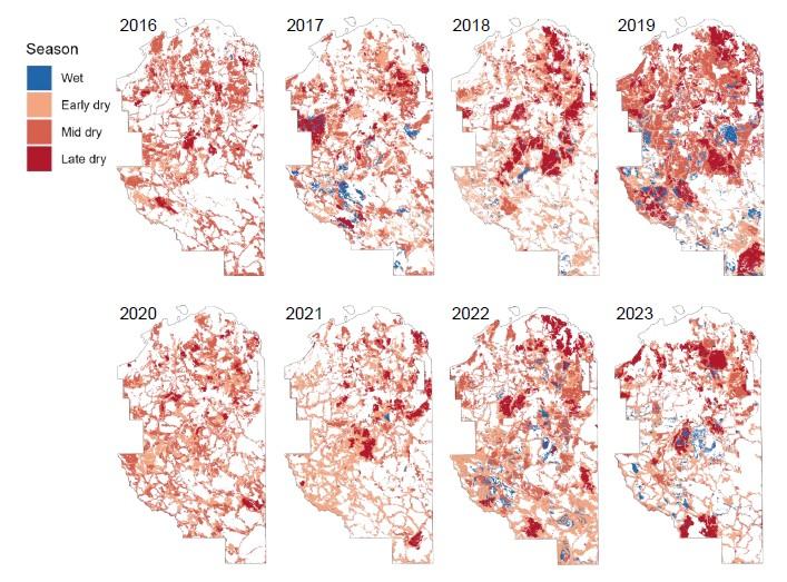 Seasonal extent of fires in Kakadu National Park each year during the contemporary management period from 2016 to 2023, showing areas burnt in the wet, early dry, mid dry and late dry seasons.