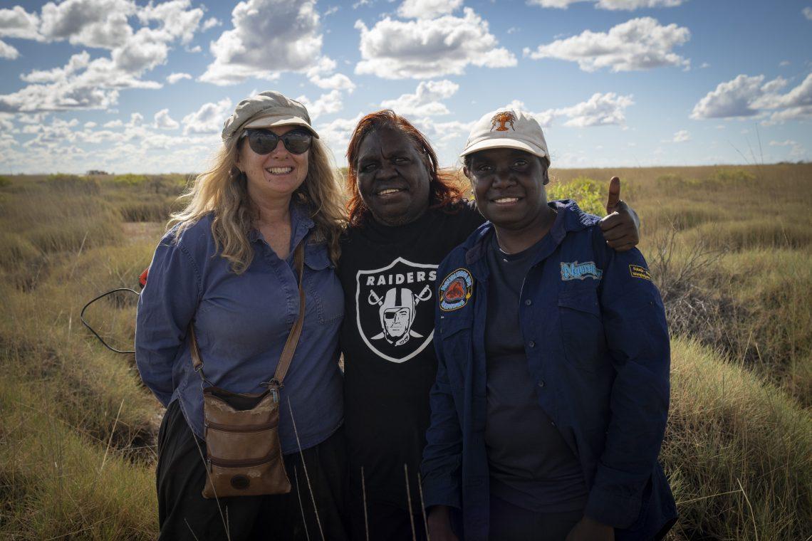 Rachel Paltridge, Kathryn Njamme and Lucinda Gibson after finding a night parrot. (Photo: Salty Davenport)